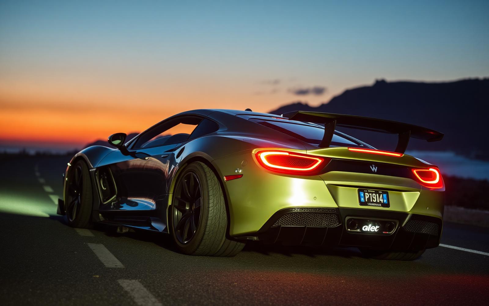 A supersports car at dusk on a coastal road